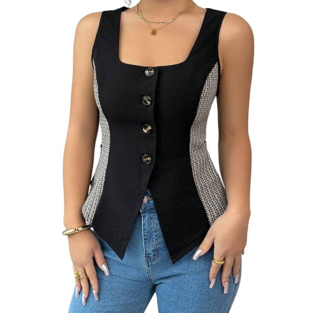SHEIN Black Tank Top with Tweed Side Panels